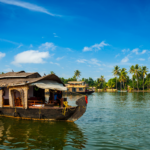 Traditional houseboat cruising through lush Goan backwaters surrounded by coconut palms
