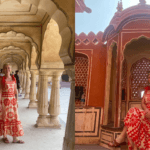 Tourist exploring the ornate arches and royal interiors of a historic palace in Jaipur, Rajasthan