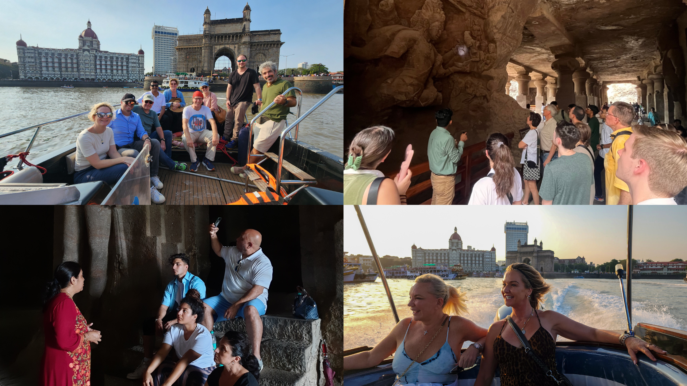 Luxury travelers enjoying private speedboat ride from Elephanta Caves to Mumbai harbor during sunset shore excursion.