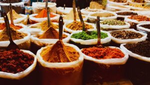 Traditional spice market in Goa with colorful Indian spices and masalas